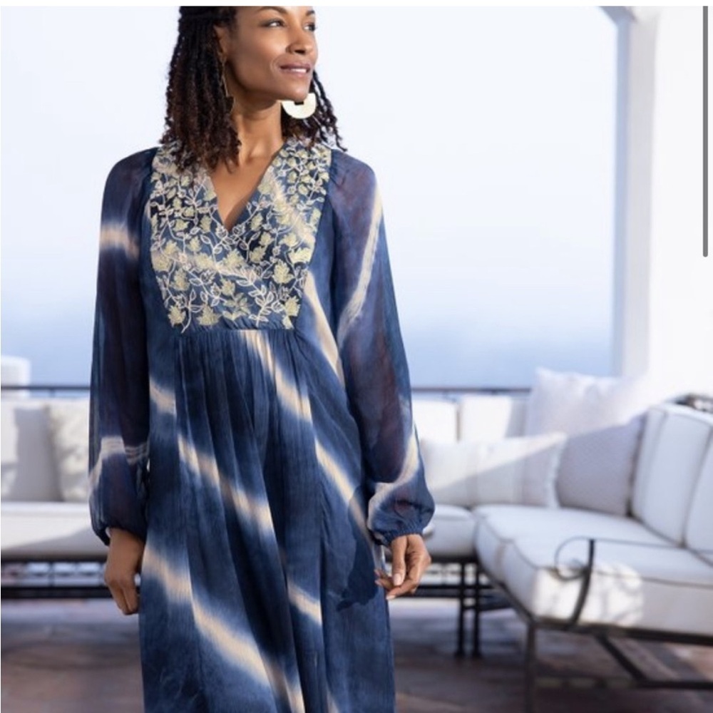 SOFT SURROUNDINGS Blue Himalaya Midi Dress Indigo Embroidered #2EJ67  XL